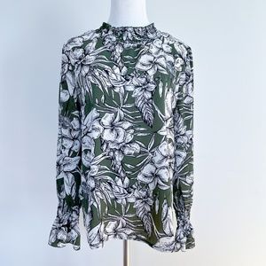 AX Paris | Floral Blouse Top Olive Khaki White Long Sleeve Office Dressy  US6